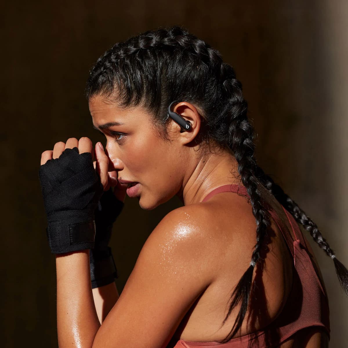 An athlete wearing Beats Powerbeats Pro 2 during a boxing workout