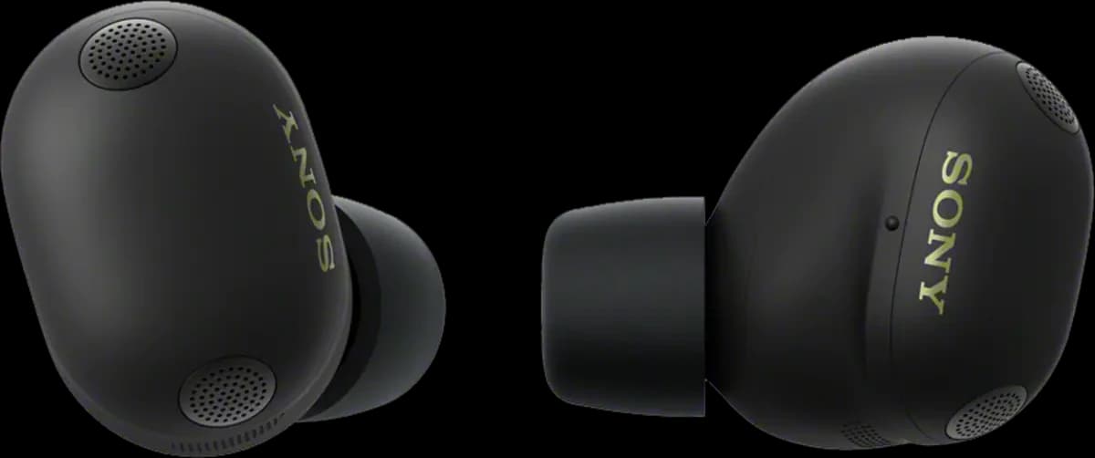 Sony WF-1000XM6 earbuds in black, close-up of a single earbud