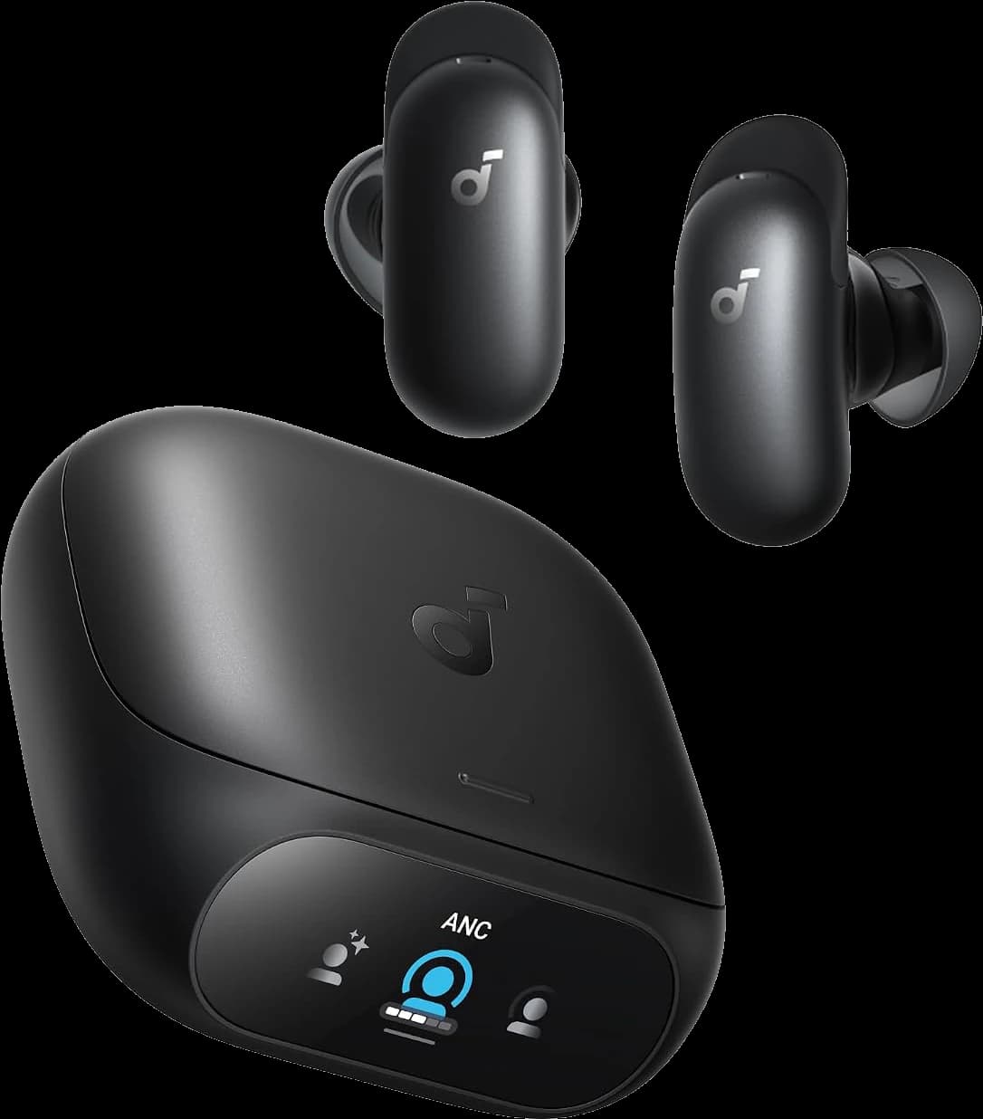 Soundcore Liberty 5 Pro earbuds in black with their charging case and its touchscreen