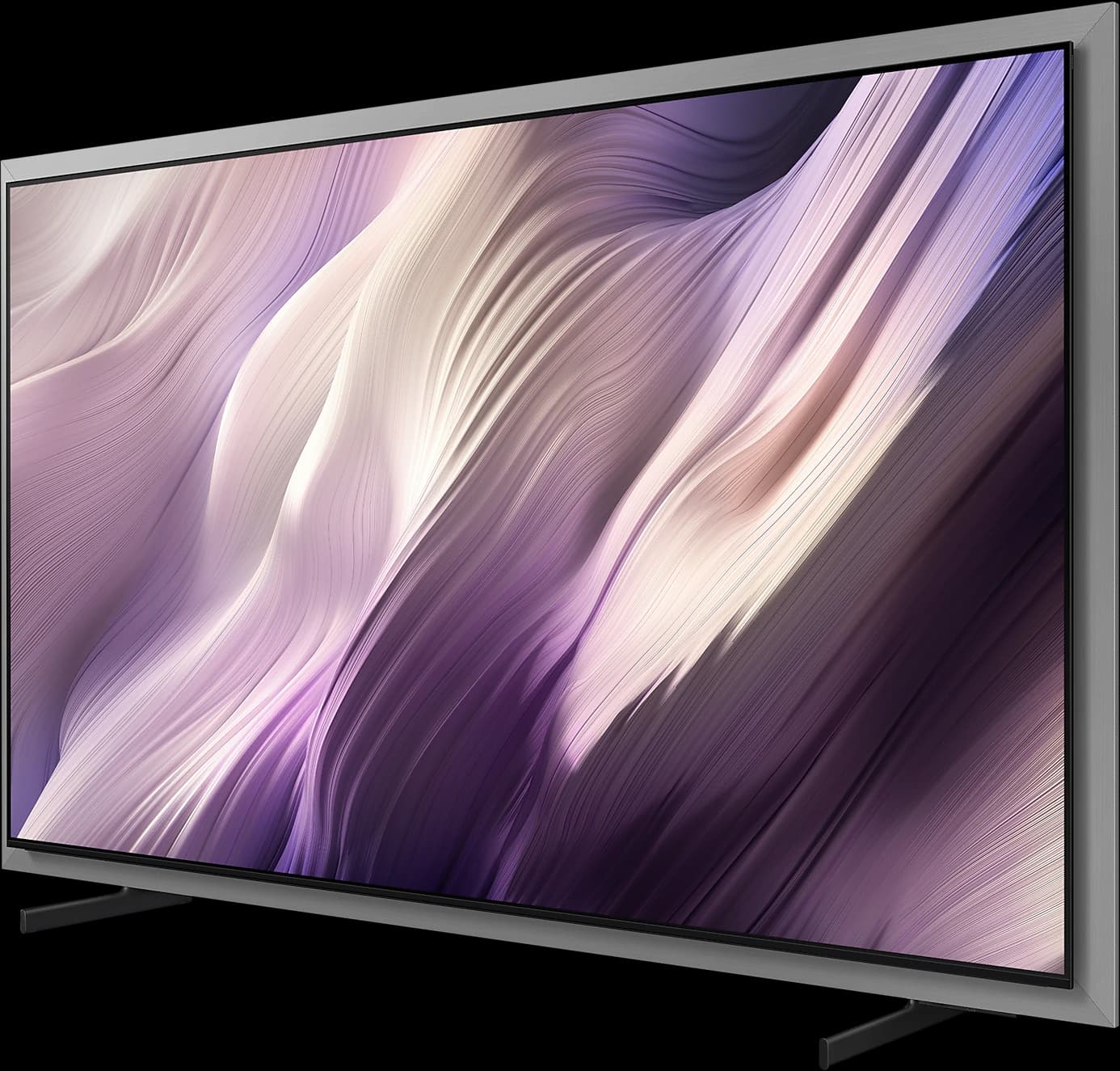 Samsung S95H OLED TV in silver, angled view on its stand